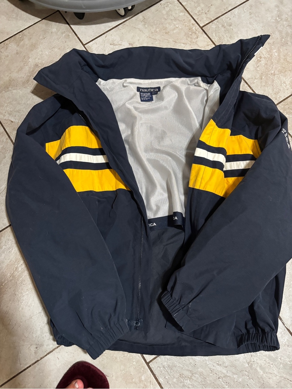 Nautica Men’s Navy Windbreaker with Yellow & White Stripes